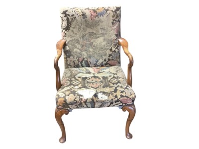 Lot 1439 - Queen Anne style walnut open elbow chair with tapestry upholstery