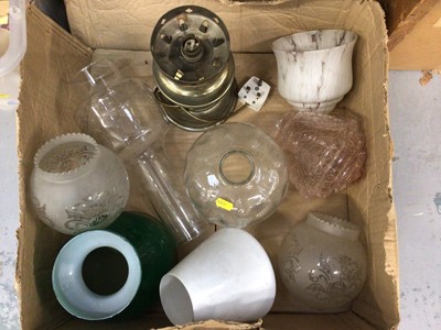Lot 803 - Lot of oil lamp shades together with a converted oil lamp
