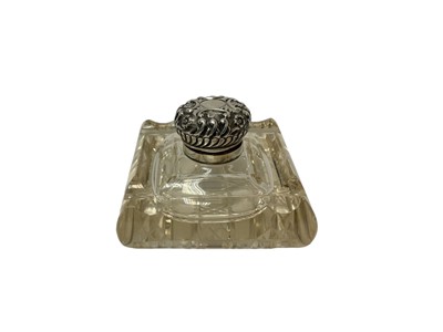 Lot 228 - Victorian silver mounted, cut glass inkwell of square form, with a decorative silver hinged cover