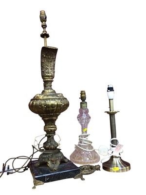 Lot 811 - Large bronzed lamp together with another smaller bronzed lamp and a glass lamp