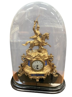 Lot 274 - Late 19th century continental gilt metal and blue porcelain panel mantel clock, with knight on horseback surmount, with glass dome (damaged)