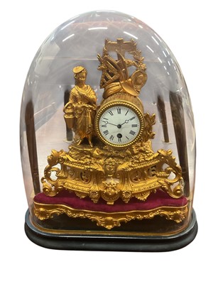 Lot 276 - Late 19th century gilt metal clock, with female figure and signpost surmount, under glass dome