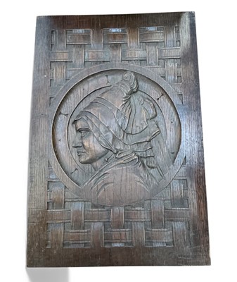 Lot 543 - Late 19th / early 20th century carved oak panel, signed F. Mongodin.