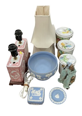 Lot 540 - Pair of oriental porcelain lamp bases, Wedgwood Jasperware rose bowl and other ceramics.