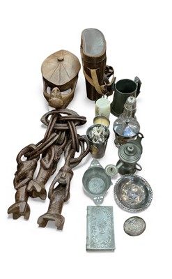 Lot 539 - Group of metalwares, African carved wood bowl and cover, gaming counters, boxes and sundry items.