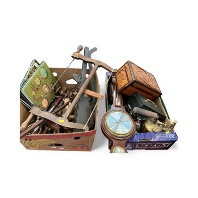 Lot 534 - Two boxes of tools and sundries to include a barometer and carved wooden box, (2 boxes).