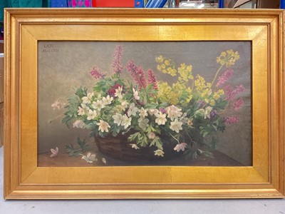 Lot 1185 - Oil on canvas, still slide of flowers, dated 1901 and signed with initials, gilt frame, 60cm x 35cm