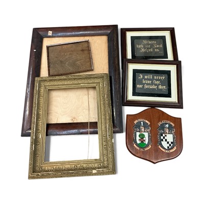 Lot 1161 - 19th century rosewood picture frame, gilt frame, religious verse in glazed frames and armorial plaque.