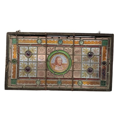 Lot 537 - Late Victorian stained glass window panel depicting William Shakespeare, in wooden frame, 80.5 x 44cm.