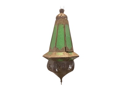 Lot 280 - Moroccon metal and green glass hanging lantern