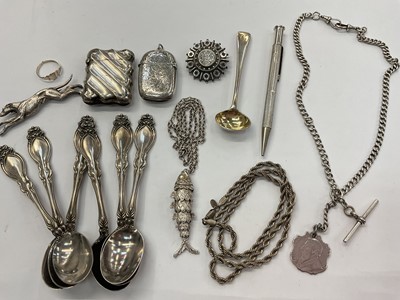 Lot 990 - Silver watch chain with fob, silver vesta case, plated vesta case, Georgian silver salt spoon, silver pen, silver articulated fish pendant on silver chain, other silver and white metal