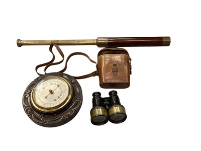 Lot 550 - Pair of vintage binoculars in leather case, together with a telescope, barometer and sundries (1 box)