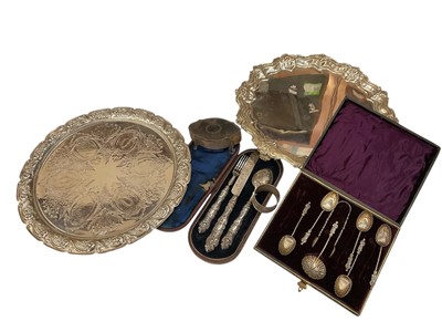 Lot 1016 - Small group of silver and plate including three piece christening set, tortoishell lidded box, two plated salvers, napkins ring, cased set of spoons
