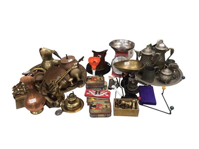 Lot 312 - Brass scales with weighs, other brassware, copper, pewter tea/coffee set, vintage Royal tins etc