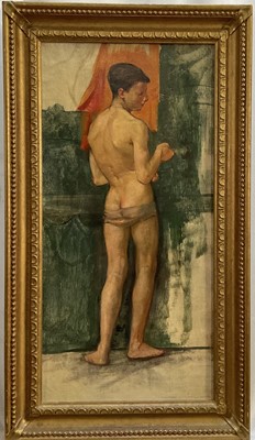 Lot 1017 - Manner of Henry Scott Tuke (1858-1929) oil on panel - Semi-clad male nude, 44cm x 21cm, in gilt frame