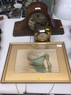 Lot 329 - 1930s mantle clock, a quartz time piece and a watercolour study- man with rowing boat, signed Rhoda Holmes Nicholls