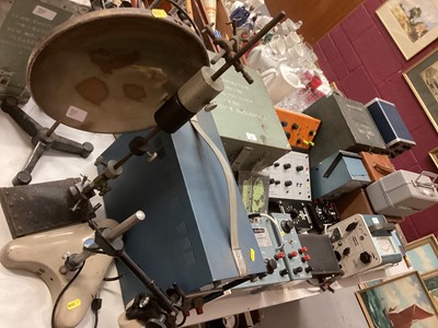 Lot 333 - Group of vintage scientific instruments including Radford Universal Labpack, Dawe Transistor Stroboflash, Plessey Nucleonics Contamination Monitor, military cone lense in wooden case etc