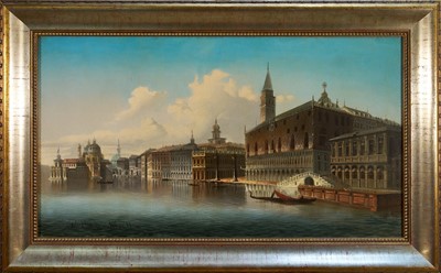 Lot 1141 - Charles Marchland (Karl Kaufman) 1843-1902/5, oil on canvas 'The Lagoon, Venice, with views of The Doge's Palace and The Salute Basilica, 1874'