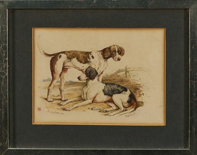 Lot 998 - Robert Richard Scanlan (c.1801-1876) pair of watercolour portrait groups of hounds, monogrammed and inscribed, 14cm x 19cm, in glazed frames