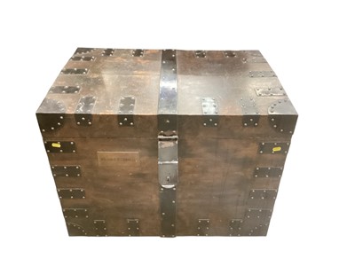 Lot 1466 - Antique metal bound silver chest bearing label Goldsmiths & Silversmiths Company Ltd, 112 Regent Street, London, with keys, 81cm wide, 55cm deep, 60cm high