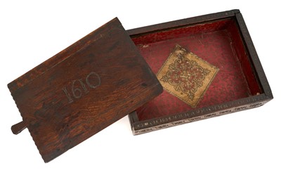 Lot 776 - 17th century oak box with sliding lid, dated 1610