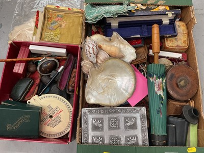 Lot 552 - Two boxes of sundries including a pipe in case, two mother of pearl shells, other shells, various boxes, old tape measure etc