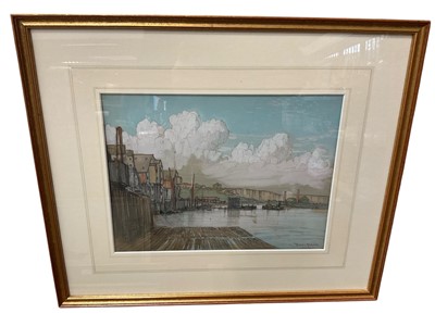 Lot 1202 - Donald Maxwell (1877-1936) watercolour - Strood Pier, 21 x 29cm, signed, titled to rear, glazed frame