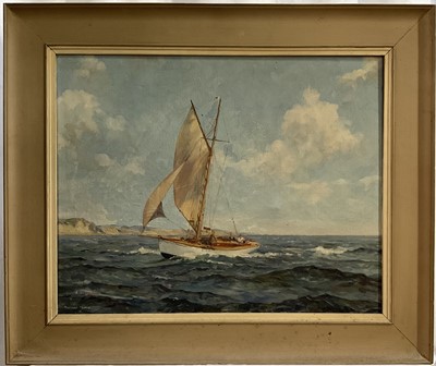 Lot 1022 - Richard Tearoe (mid-20th century) oil on canvas - Yacht off the Coast at Brightlingsea, signed, 41cm x 51cm, in painted frame