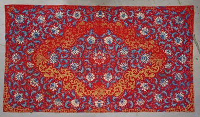 Lot 890 - Large 19th century Chinese silk and gold thread embroidery on red wool ground