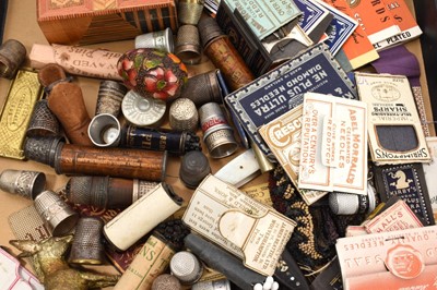 Lot 737 - Collection of antique thimbles, pins and needles and other sewing accoutrements