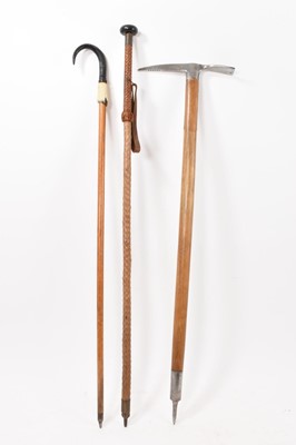 Lot 747 - Three antique mountaineering sticks, including an ice pick stamped WERKGEN PICKLE