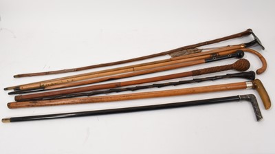 Lot 749 - Collection of eight antique walking sticks, including one with woven reed handle