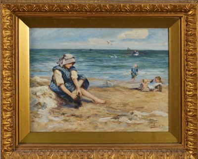 Lot 1154 - Robert Jobling (1841-1923) oil on canvas - 'Sandy Toes', signed and dated 1911, 30cm x 40cm, in glazed gilt frame