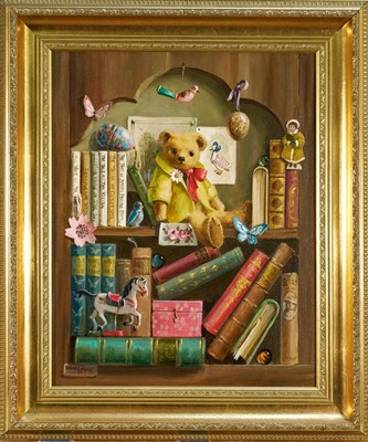 Lot 1069 - *Deborah Jones (1921-2012) oil on canvas - Still Life Bear and Books on a Shelf, signed, 51cm x 41cm, in gilt frame