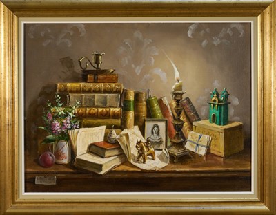 Lot 1072 - *Deborah Jones (1921-2012) oil on canvas - Still Life Books and Burning Candle, signed, 46cm x 61cm, in gilt frame