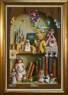 Lot 1068 - *Deborah Jones (1921-2012) oil on canvas - Still Life Bears and Books on a Shelf, signed, 76cm x 51cm, in gilt frame
