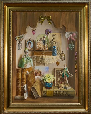 Lot 1073 - *Deborah Jones (1921-2012) oil on canvas - Still Life Items on a Shelf, signed, 61cm x 46cm, in gilt frame