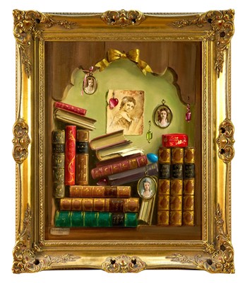 Lot 1070 - *Deborah Jones (1921-2012) oil on canvas - Still Life Portrait Miniatures and Books on a Shelf, signed, 51cm x 41cm, in gilt frame