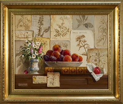 Lot 1071 - *Deborah Jones (1921-2012) oil on canvas - Still Life Fruit and Drawings, signed, 41cm x 51cm, in gilt frame