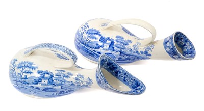 Lot 78 - Unusual pair of Copeland & Garrett blue and white transfer printed male and female urinals, circa 1840, in the Spode Tower pattern, 30cm and 32cm long