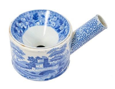 Lot 80 - Early 19th century blue and white Spode spittoon, printed in the Tower pattern, 'Spode' stamp to base, 17.5cm across including handle