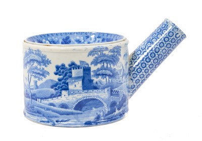 Lot 80 - Early 19th century blue and white Spode spittoon, printed in the Tower pattern, 'Spode' stamp to base, 17.5cm across including handle