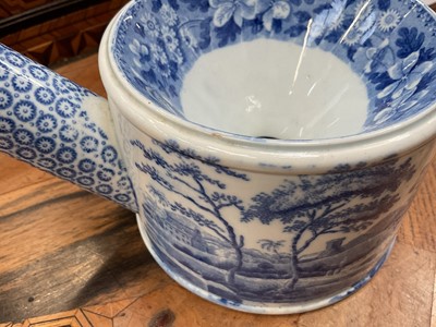 Lot 80 - Early 19th century blue and white Spode spittoon, printed in the Tower pattern, 'Spode' stamp to base, 17.5cm across including handle
