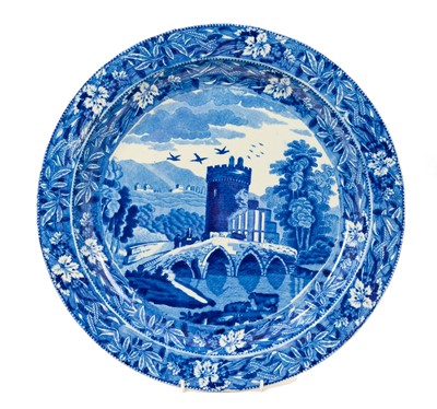 Lot 82 - Large early 19th century blue and white circular meat platter, printed in the Bridge of Lucarno pattern, 37.5cm diameter