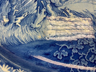 Lot 84 - Impressive early 19th century Spode blue and white 'well and tree' platter printed with the Indian Sporting scene 'Shooting a Leopard', impressed and printed 'Spode' marks, 53cm wide