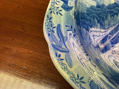 Lot 84 - Impressive early 19th century Spode blue and white 'well and tree' platter printed with the Indian Sporting scene 'Shooting a Leopard', impressed and printed 'Spode' marks, 53cm wide