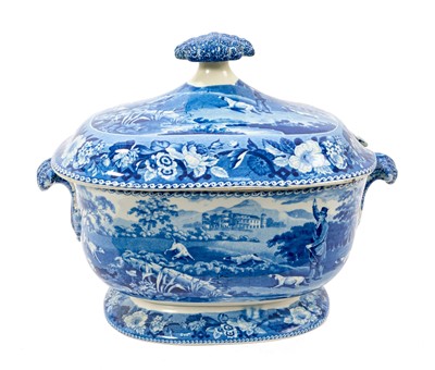 Lot 86 - Large early 19th century blue and white soup tureen and cover, printed with the Gamekeeper pattern, printed pattern mark to base, 37cm across