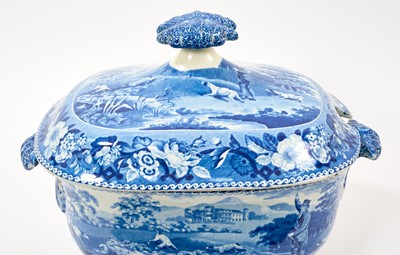 Lot 86 - Large early 19th century blue and white soup tureen and cover, printed with the Gamekeeper pattern, printed pattern mark to base, 37cm across