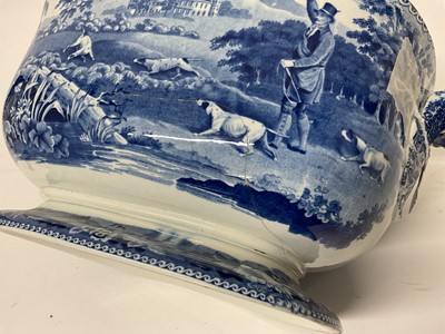 Lot 86 - Large early 19th century blue and white soup tureen and cover, printed with the Gamekeeper pattern, printed pattern mark to base, 37cm across