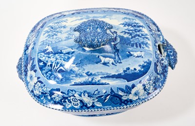 Lot 86 - Large early 19th century blue and white soup tureen and cover, printed with the Gamekeeper pattern, printed pattern mark to base, 37cm across